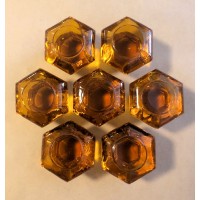 Original Victorian Hexagonal Glass Cupboard Knobs - Amber – Flat Collar Fixing - Set/7